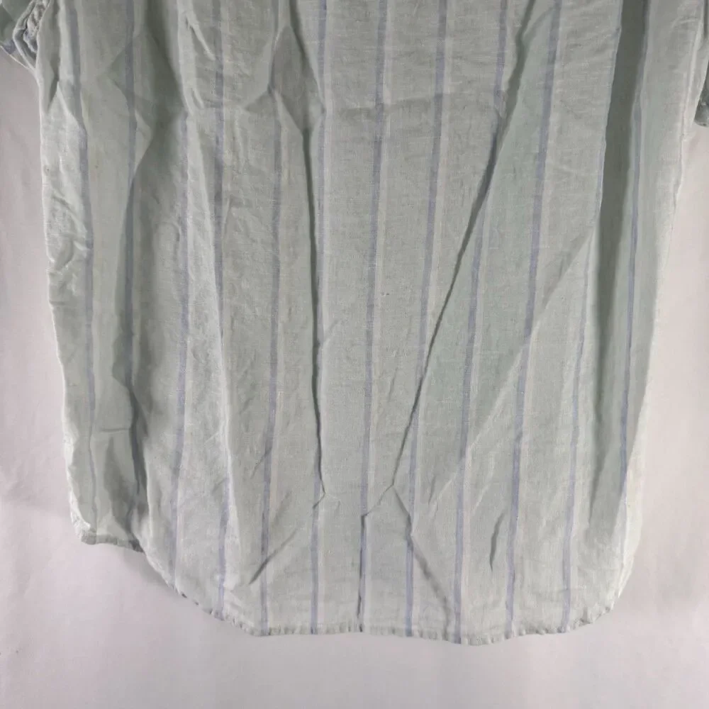 J. Crew 100% Linen Shirt Men's Large Green Blue Striped Short Sleeve Button Up